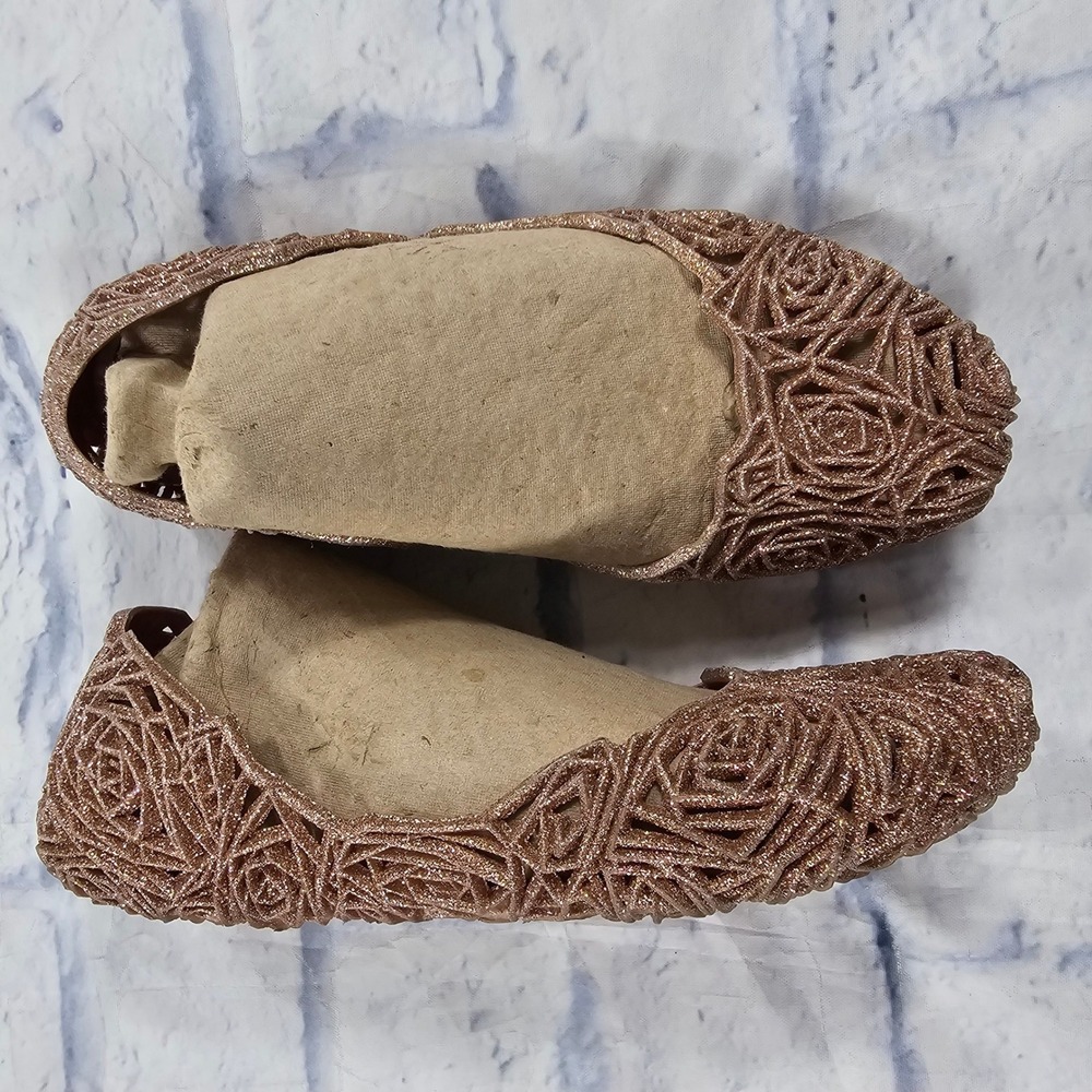 Melissa Campana Rose Flats WOMENS 5 Rose Gold Glitter Floral Jelly Shoes